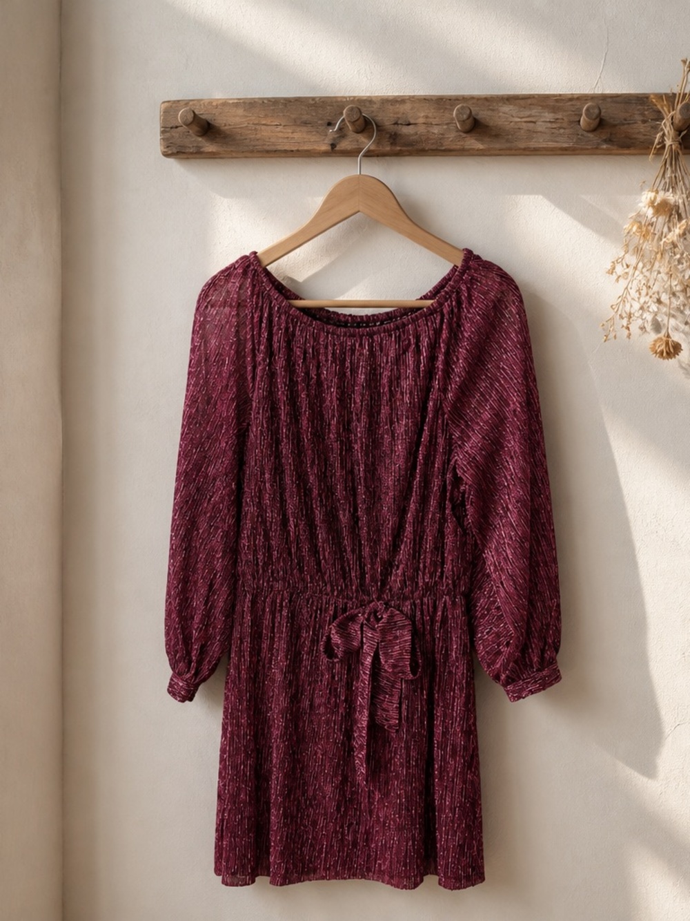 Chaus Wine Textured Long-Sleeve Tie-Waist Mini Dress